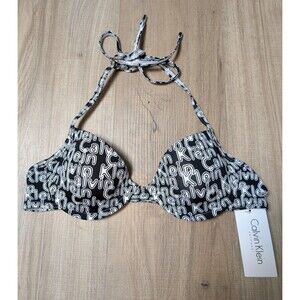 NWT Calvin Klein Swimwear Bikini Top Push-up Black Logo Underwired Size 34B